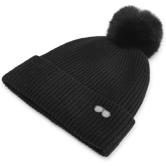 Womens Ribbed Beanie with Sunglasses Pin Fur Pom Cold Weather Accessories - Picture 3 of 3